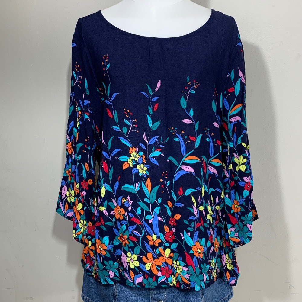 SHEIN Blouse Womens‎ 2XL Navy Blue Floral 3/4 Bell Sleeve Boho Rayon Top